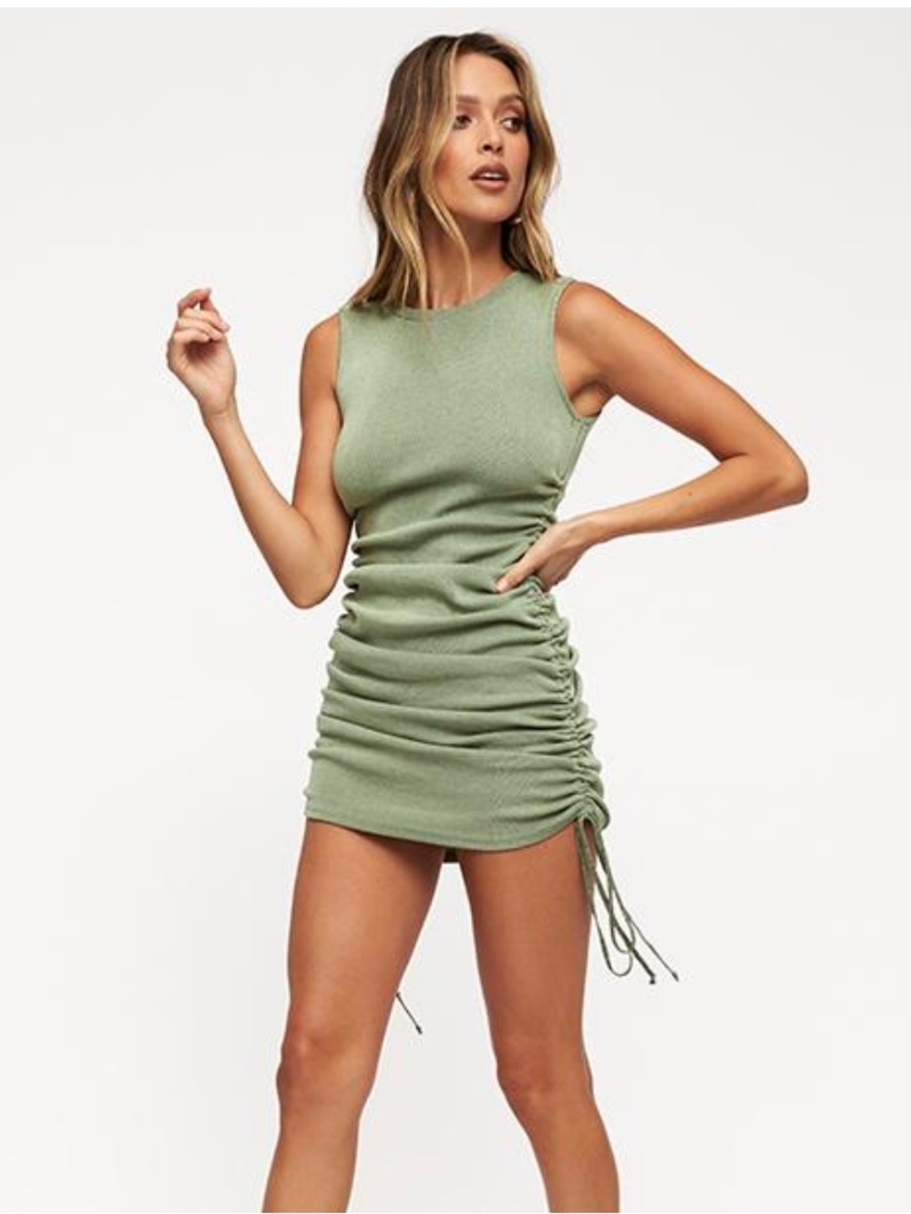 Lioness Sage Ruched Side-Tie Mini Dress